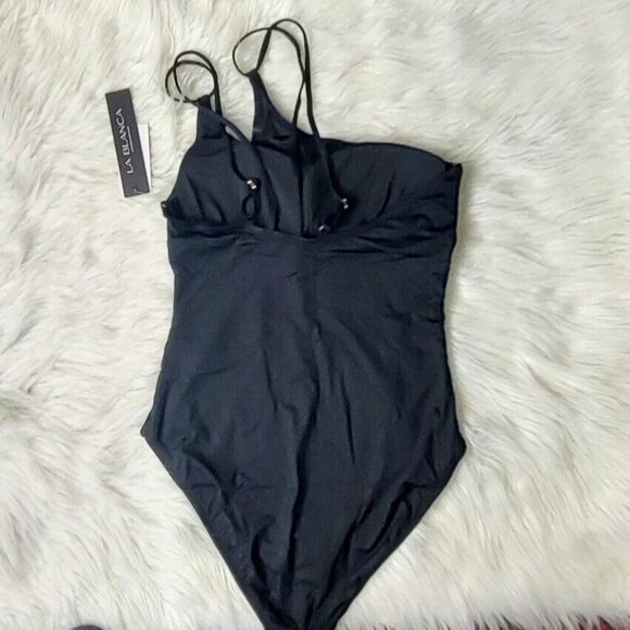 La Blanca One Piece Swimsuit 10 One Shoulder Black Tummy Control NEW - Picture 6 of 12